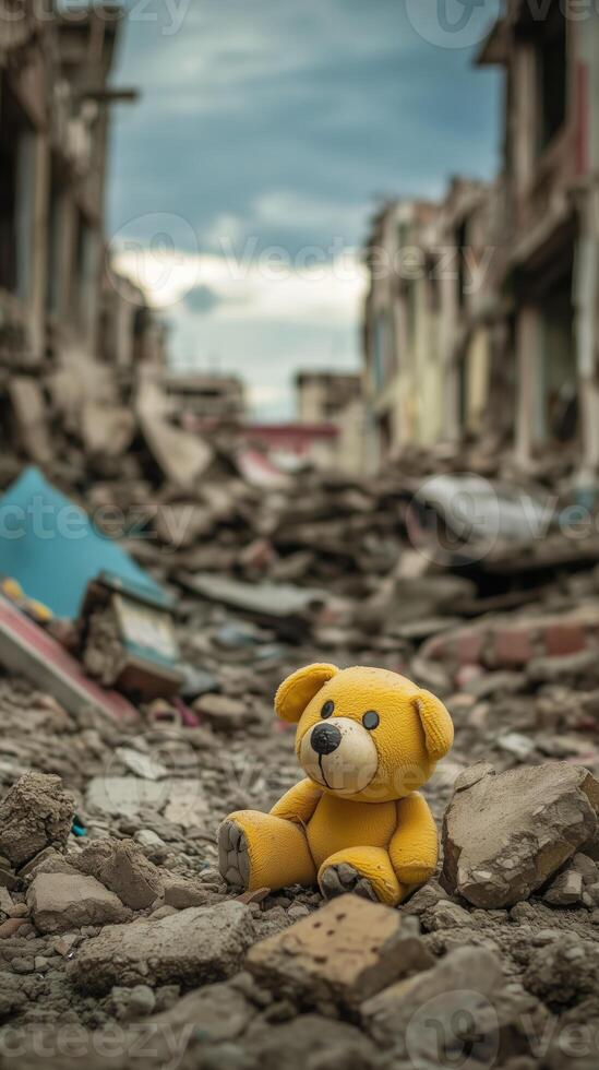 A child toy lies among rubble and debris of a collapsed building, destruction and loss photo