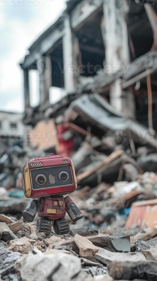 Robot toy among rubble and debris of a collapsed building, destruction of residential buildings photo