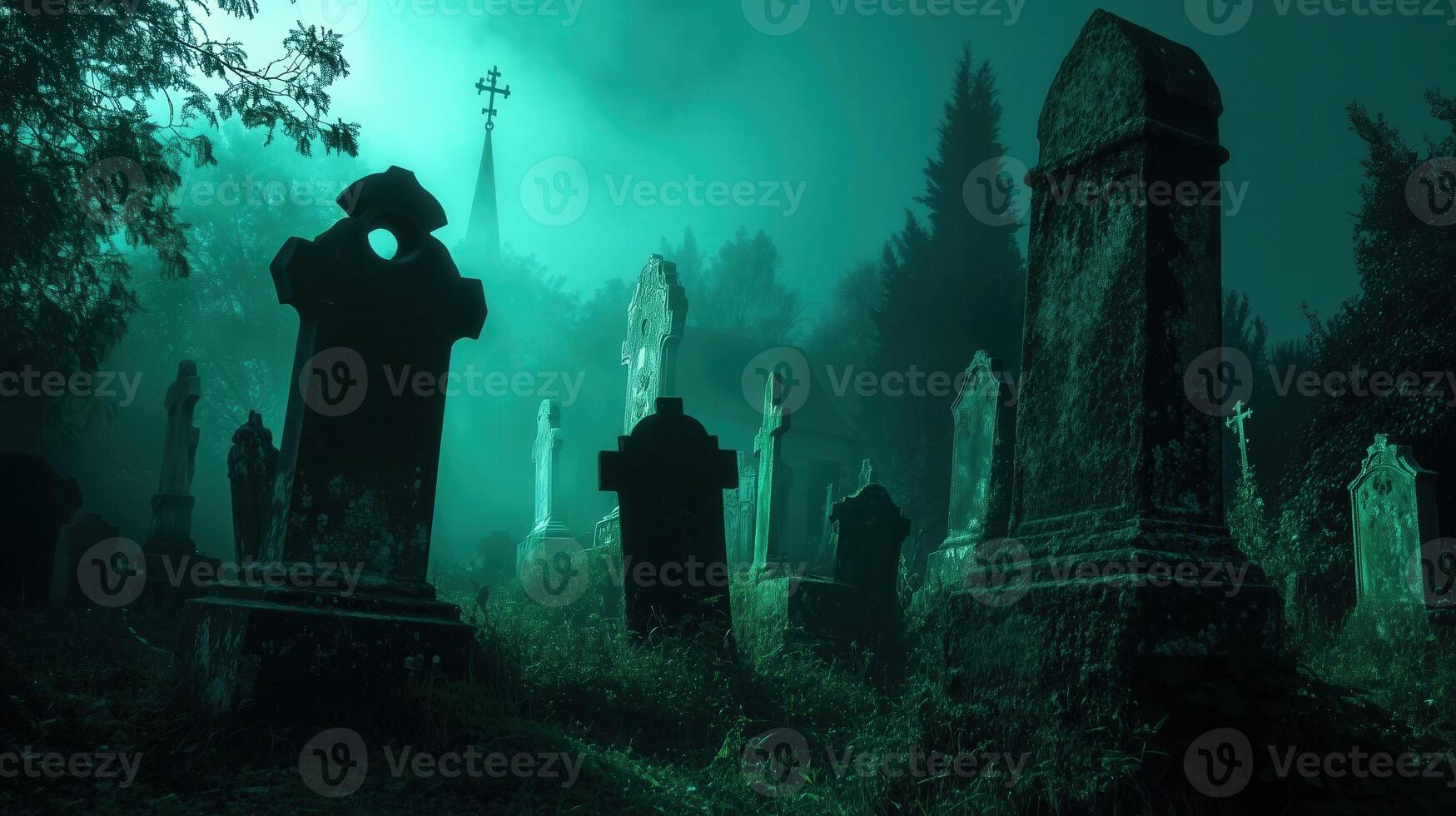 Eerie graveyard scene at night illuminated by green light with tombstones and trees photo