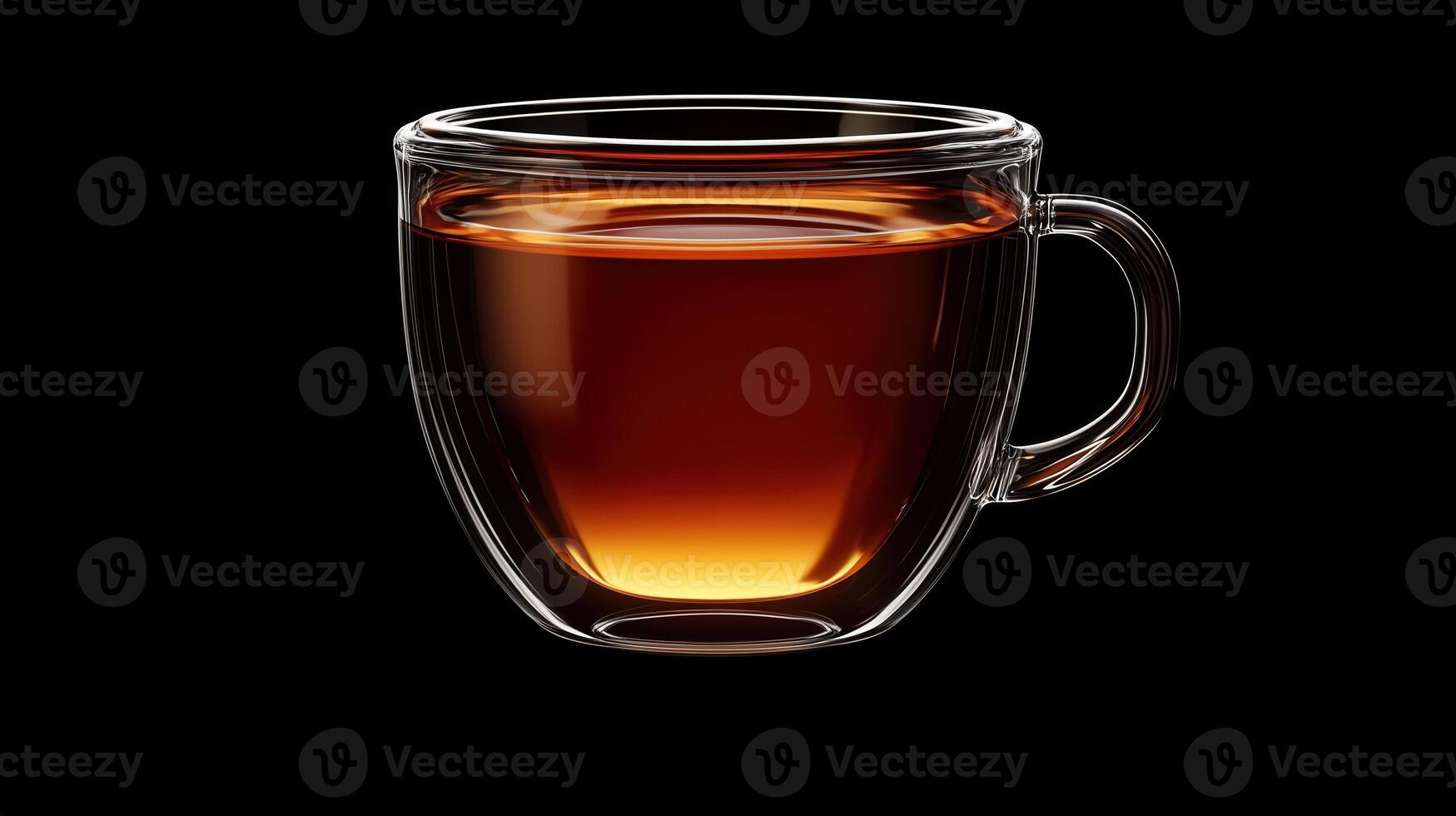 Glass cup with hot tea against a black background, transparency mug and rich color photo