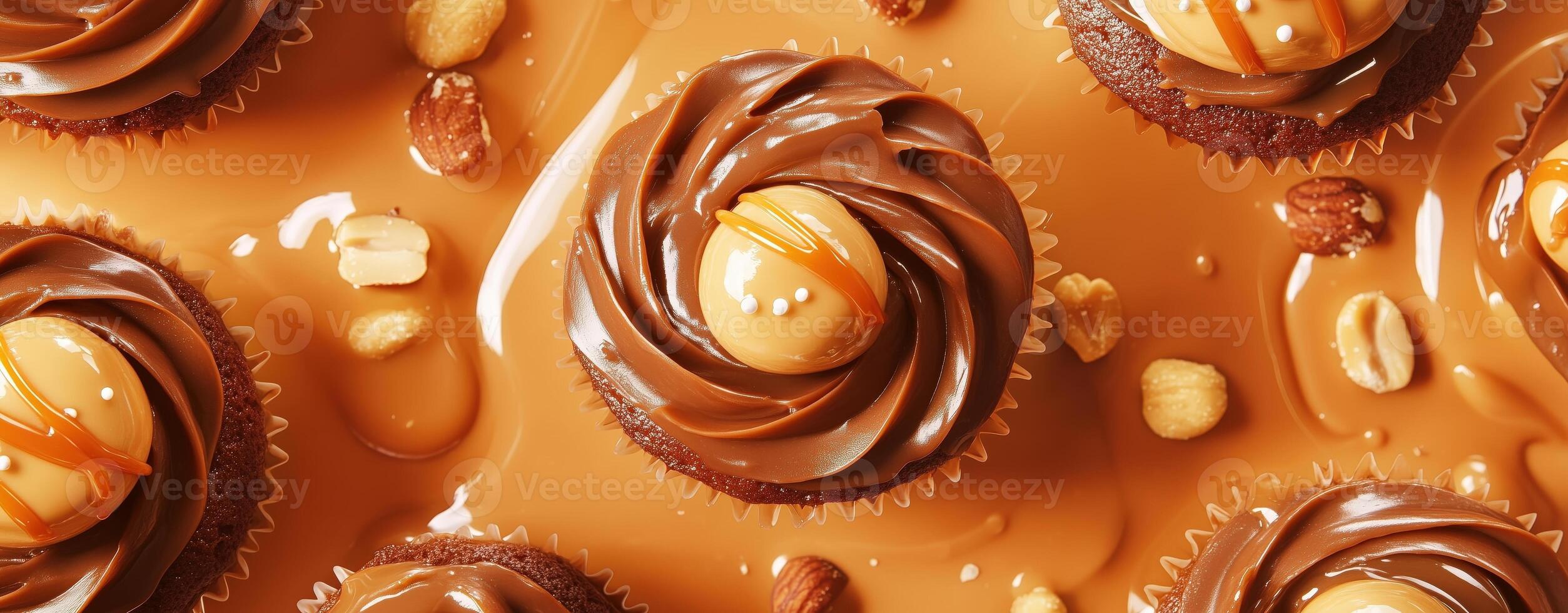 Top view of chocolate cupcakes with caramel drizzle and peanuts, rich and indulgent dessert photo