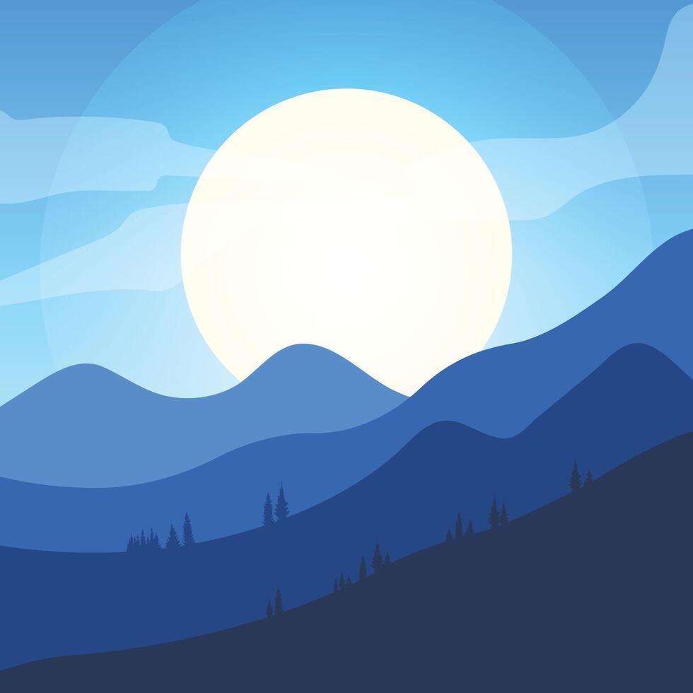 Minimalist mountain, Moon night, wallpaper dark blue, minimal abstract landscape background vector