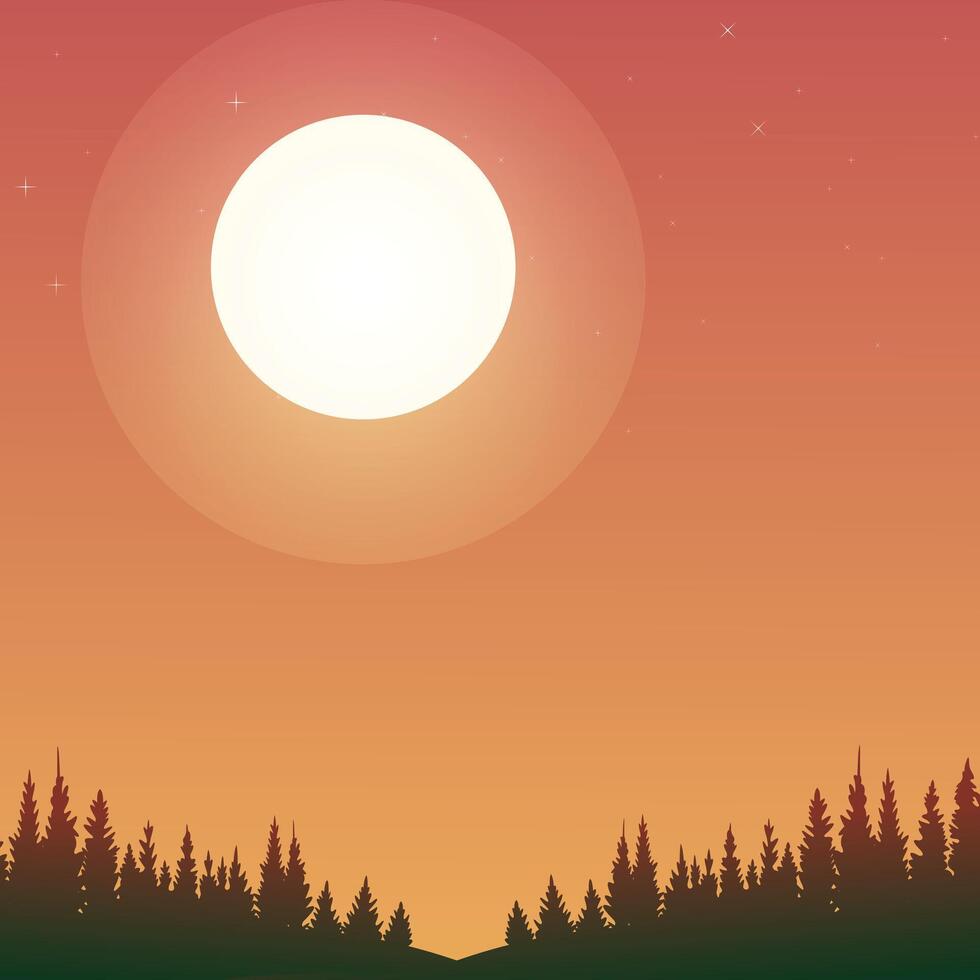 Minimalist mountain en, moon night, pine forest wallpaper, minimal abstract landscape background vector