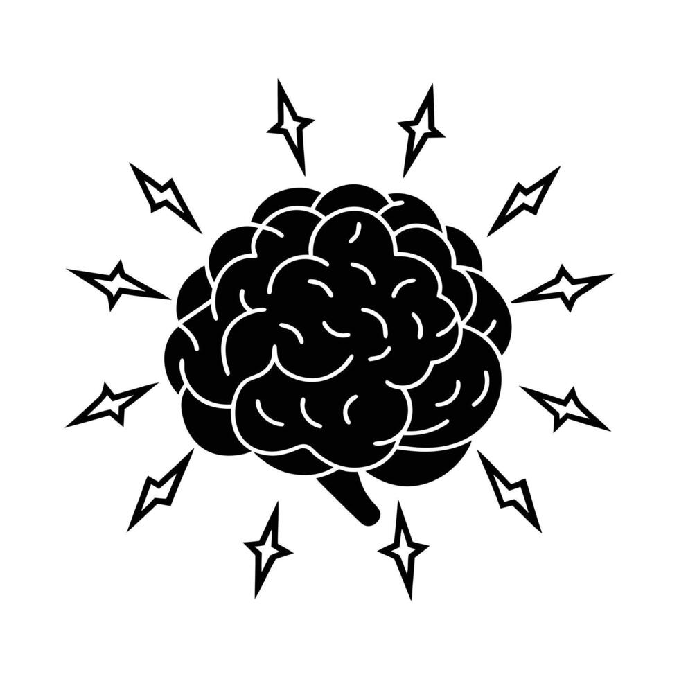 a stylized black brain with electric sparks around vector