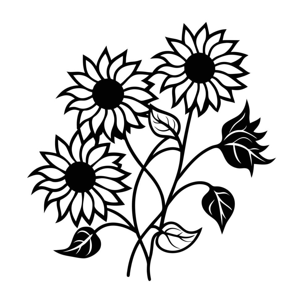 sunflowers black and white white background illustration linocut vector