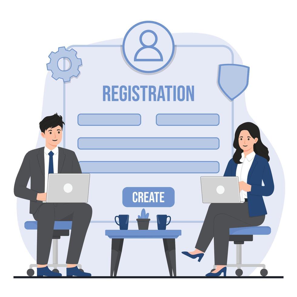 Online registration concept Recruitment concept. illustration in flat style. Man and woman sitting at table with laptop, coffee cup and shield. vector