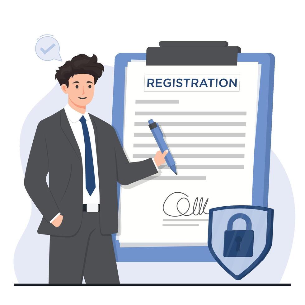 Online registration concept Businessman signing contract. illustration in flat style. Businessman signing contract. vector