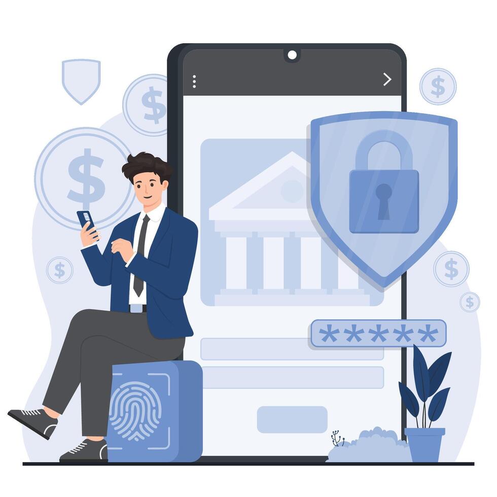 secure payments Smartphone security concept. illustration in flat style. Businessman with mobile phone and shield. vector