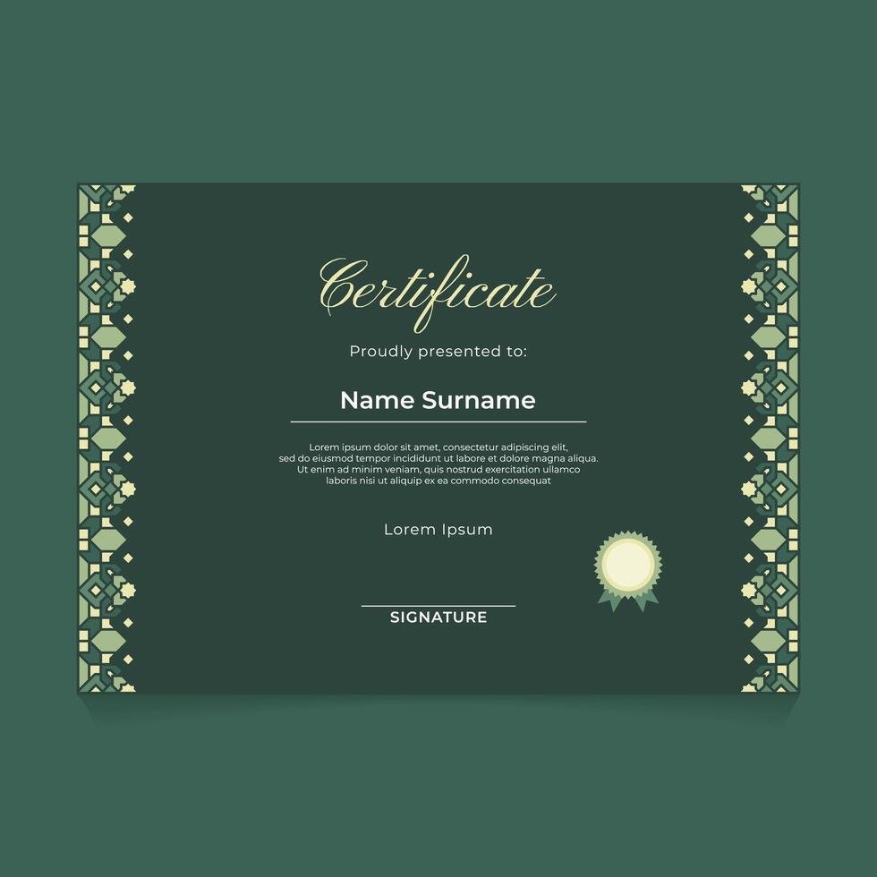 Certificate Template Design with Green Pastel Islamic Ornament Frame on The Side vector