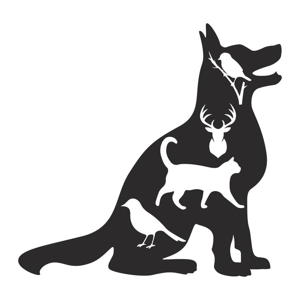 Dog cat bird deer head black composition silhouette design vector
