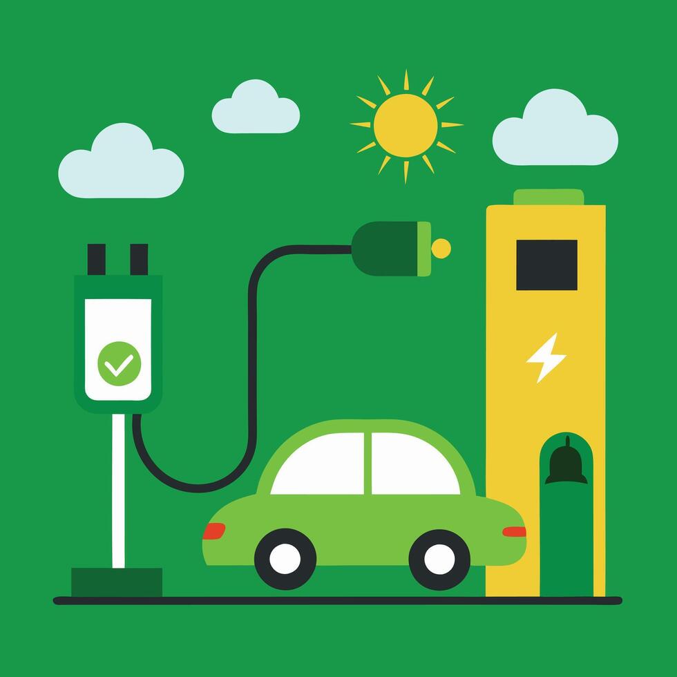 Illustration of electric vehicle charging station with a car on city view background vector