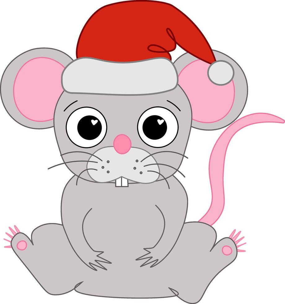 Cartoon Little Mouse in a red Santa's hat, knitted winter hat. Christmas and New Year card, t-shirt composition, handmade graphic line illustration. vector