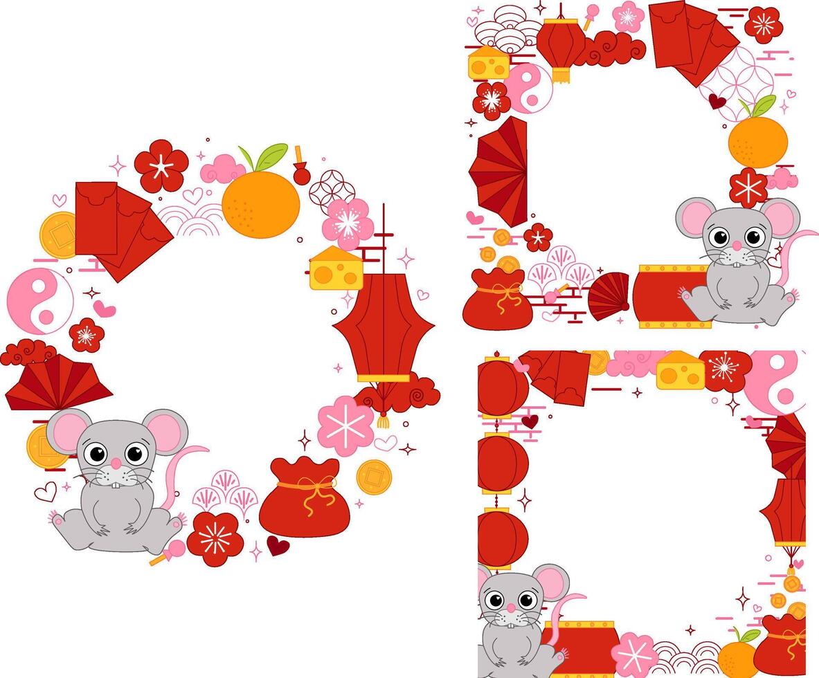 Chinese New year of rat mouse 2032 graphic line round circle frame set. style banner frame scroll board decoration on transparent background CNY lunar lantern festival vector