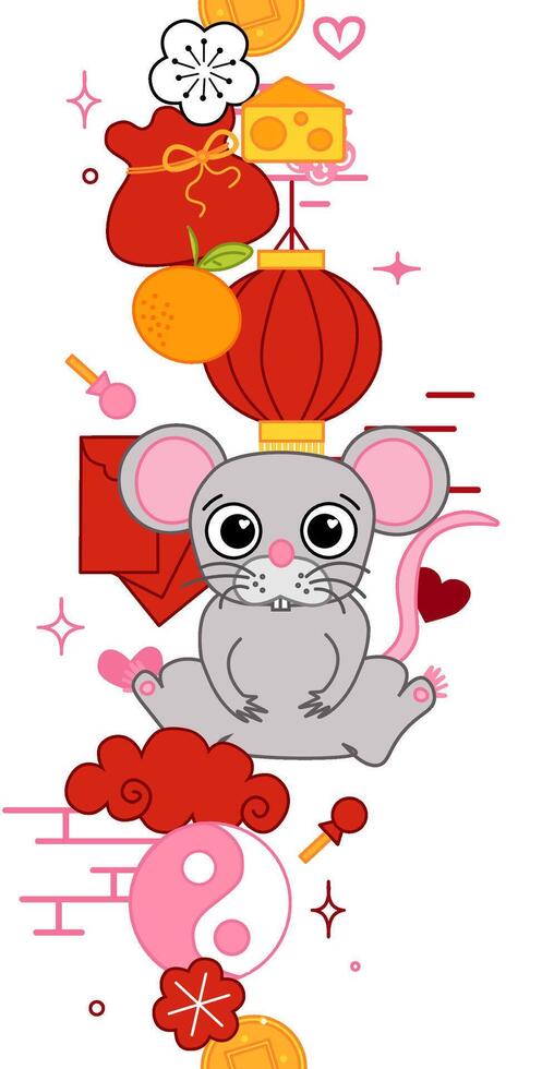 Chinese new year 2032 Decorations with cute rat, mouse, lantern elements, clouds, fan, pattern, and transparent background seamless vertical border. Suitable for use as cards, design, wallpaper vector