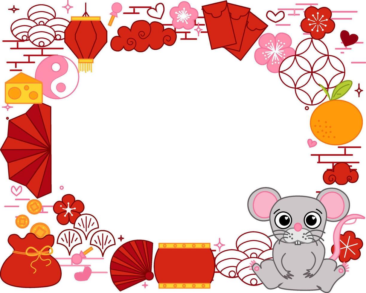 CNY Chinese new year 2032 Mouse rat. Lunar new year lantern festival rectangle frame with oval template for show product. Greeting card. graphic line illustration vector
