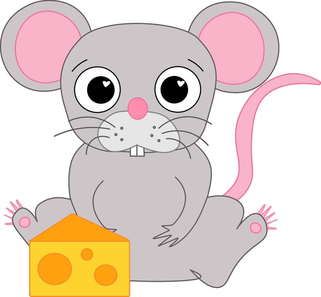 Mouse with piece cheese isolated on white background. Flat graphic line illustration of rat animal with cheese food. illustration vector
