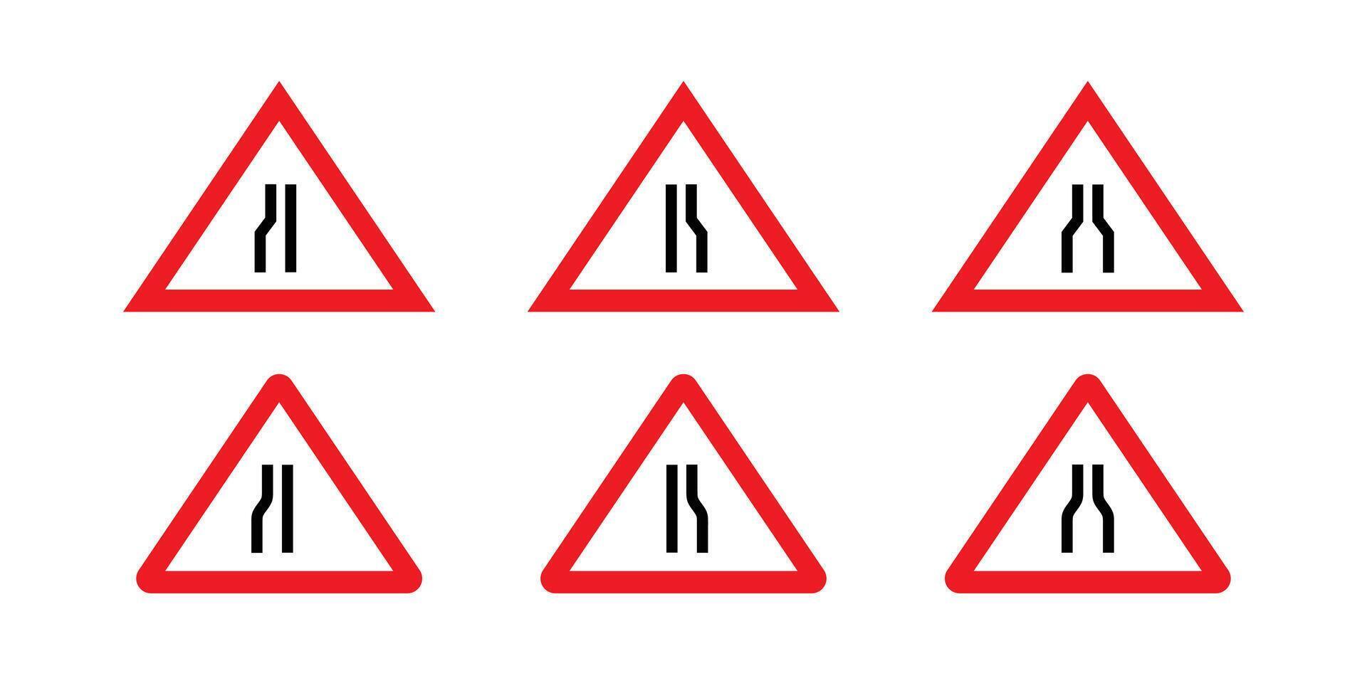 Red triangular road signs, signifying a narrowing of lanes ahead. vector