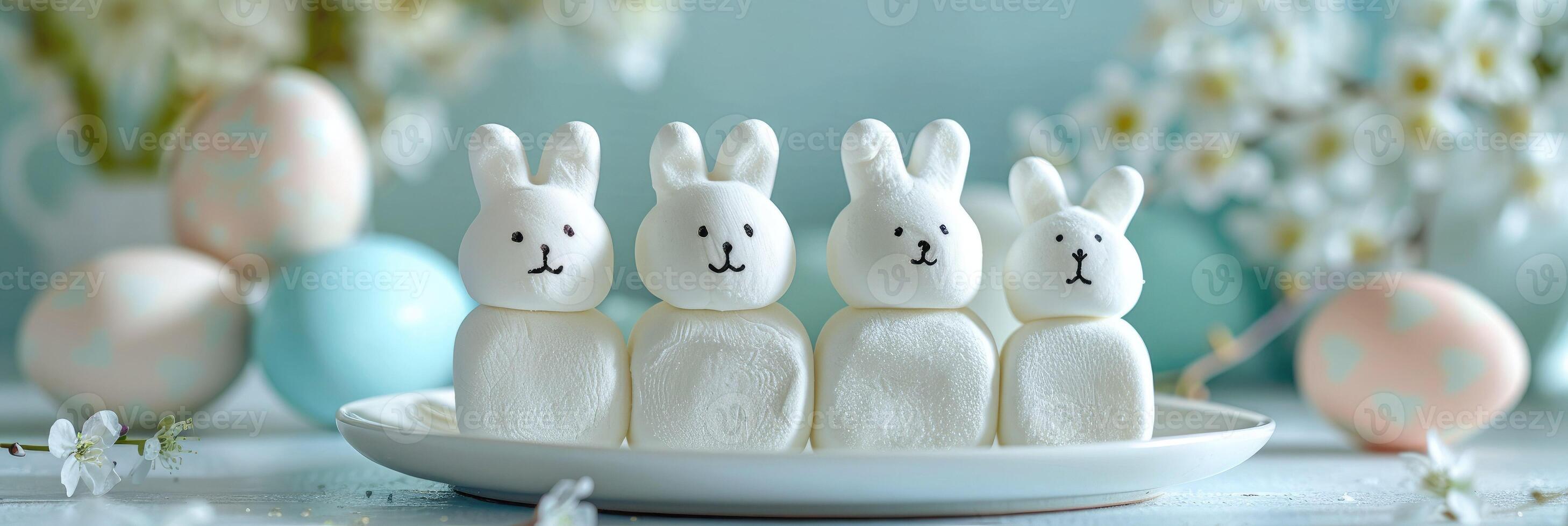 Group Edible sweet Easter bunnies made of marshmallows on a white plate with a spring Easter background. Background for cafes shops and pastry shops photo