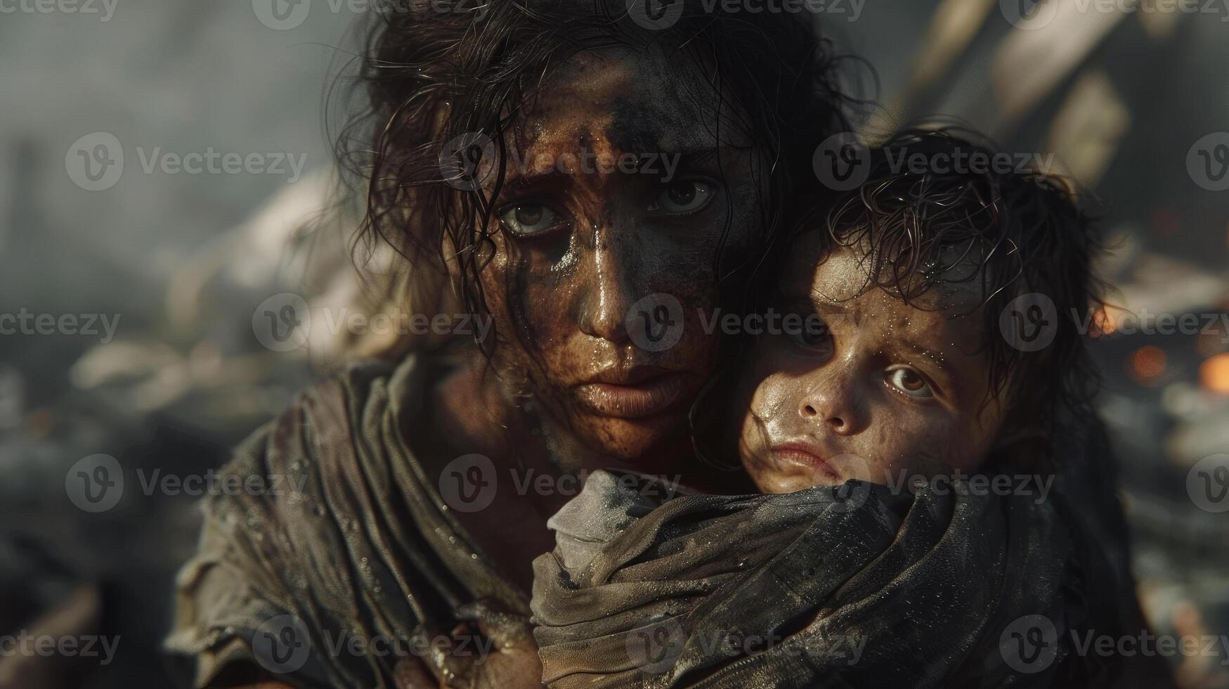 A young woman covered in dirt and soot with sadness and horror on her face hugs her child against the backdrop of a destroyed building. The idea of loss, hopelessness, war and destruction photo