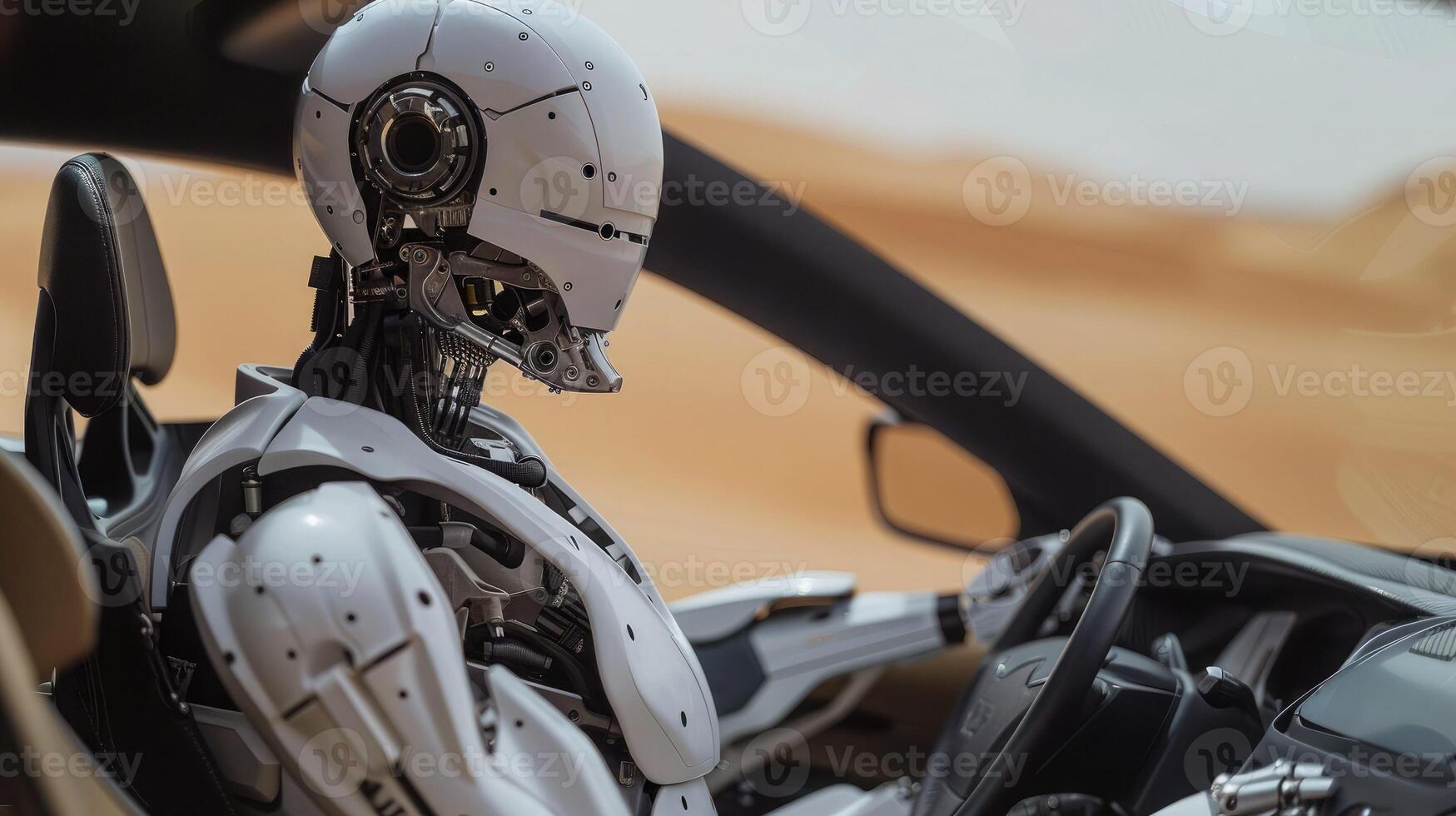 A futuristic humanoid robot driving a modern SUV car is driving through the sand dunes of the desert, harmoniously combining advanced technology with nature photo