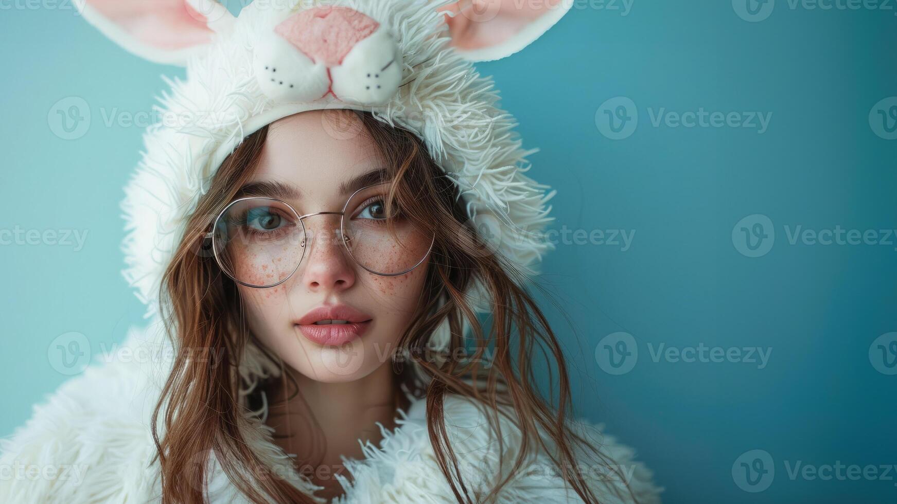 Portrait of young beautiful woman in white easter bunny costume on blue background. Advertising banner for promotion with copy space for text photo