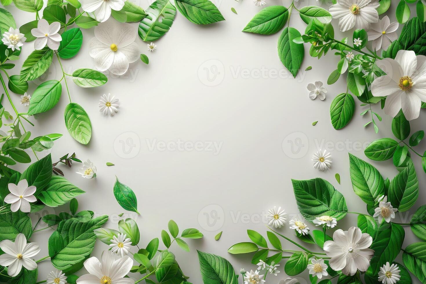 Spring floral mockup with green leaves, white flowers and empty round space in the center for greeting, text and message. Spring template photo