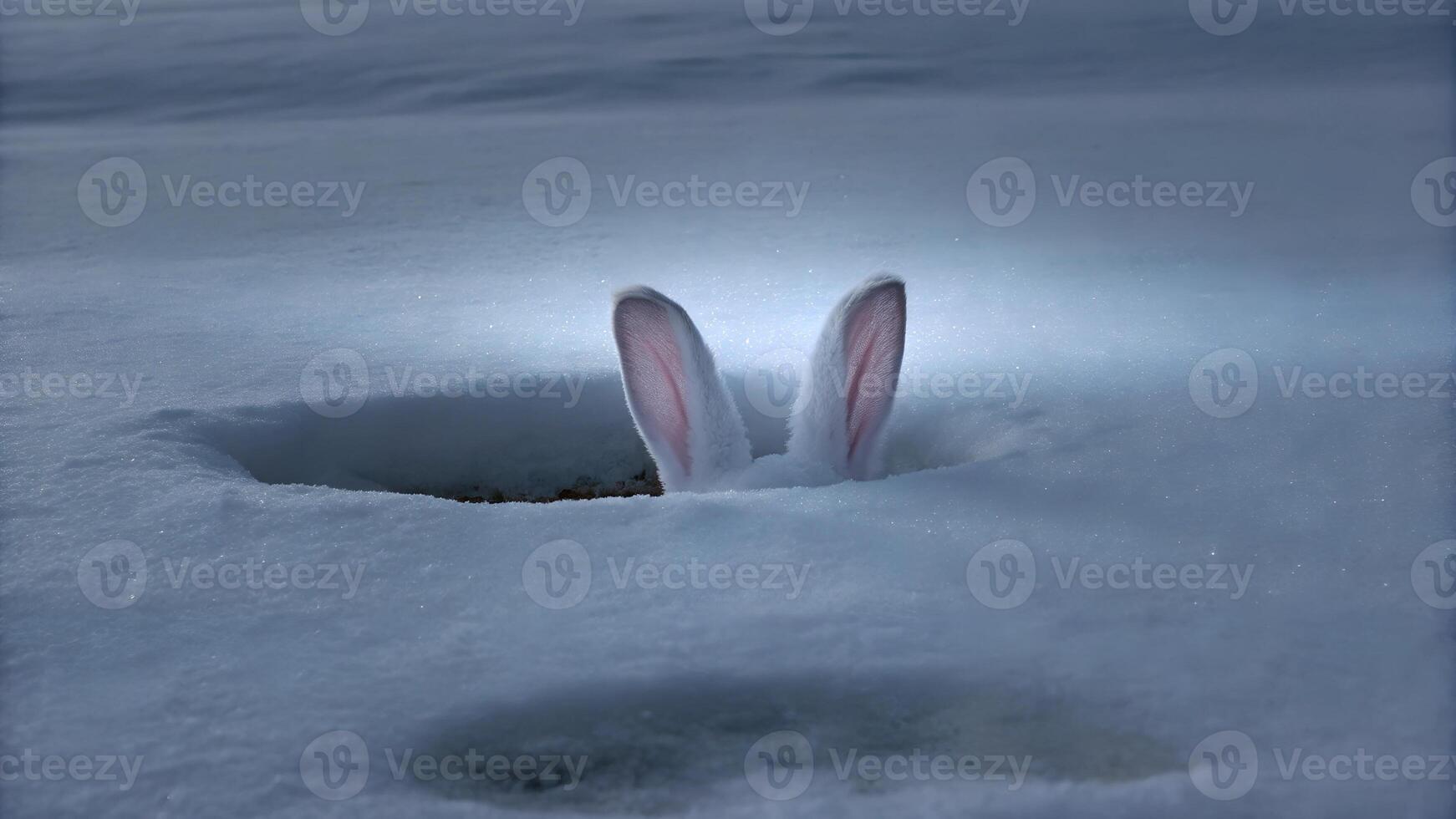 White rabbit ears poking out of a burrow in deep snow at night with soft glowing light. Winter and wildlife concept photo