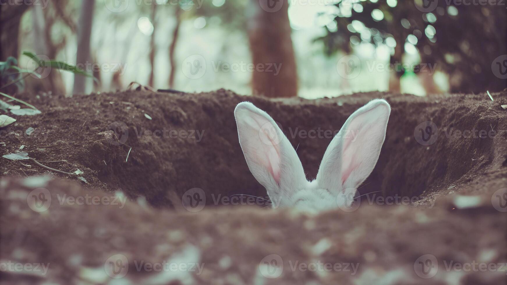 White rabbit ears emerging from a burrow in the forest with soft natural lighting. Wildlife and Easter concept photo