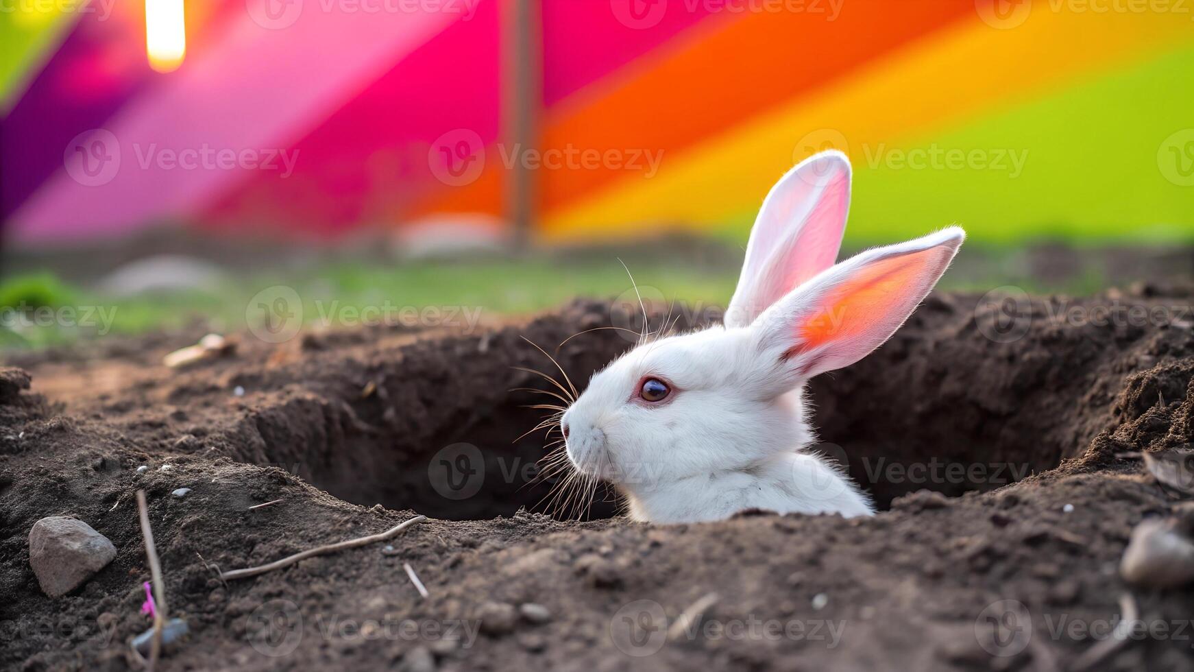 White rabbit emerging from a burrow in the ground with colorful background. Easter and nature wildlife concept photo