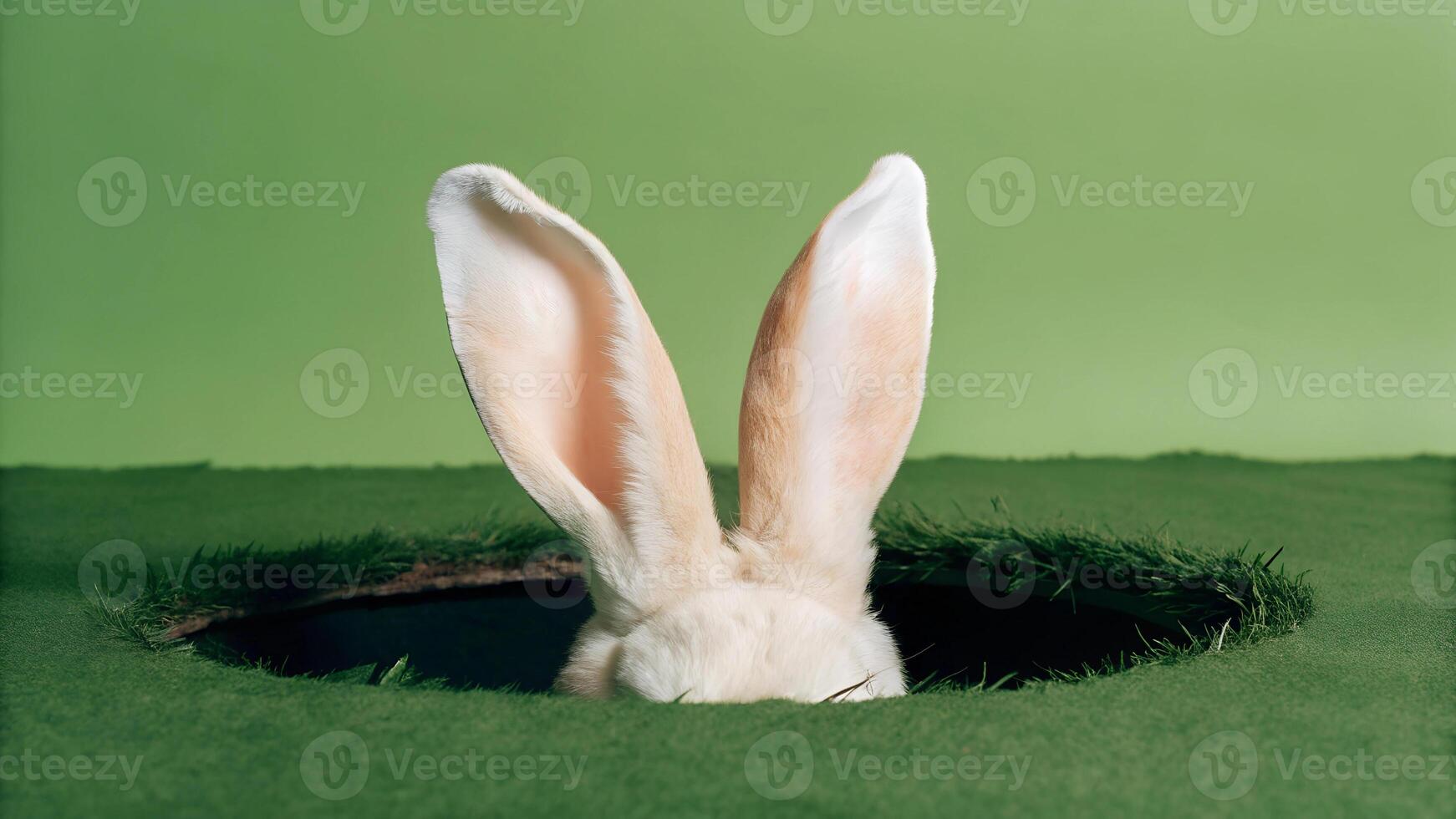 White rabbit ears emerging from a grassy burrow against a green background. Easter and nature wildlife concept photo