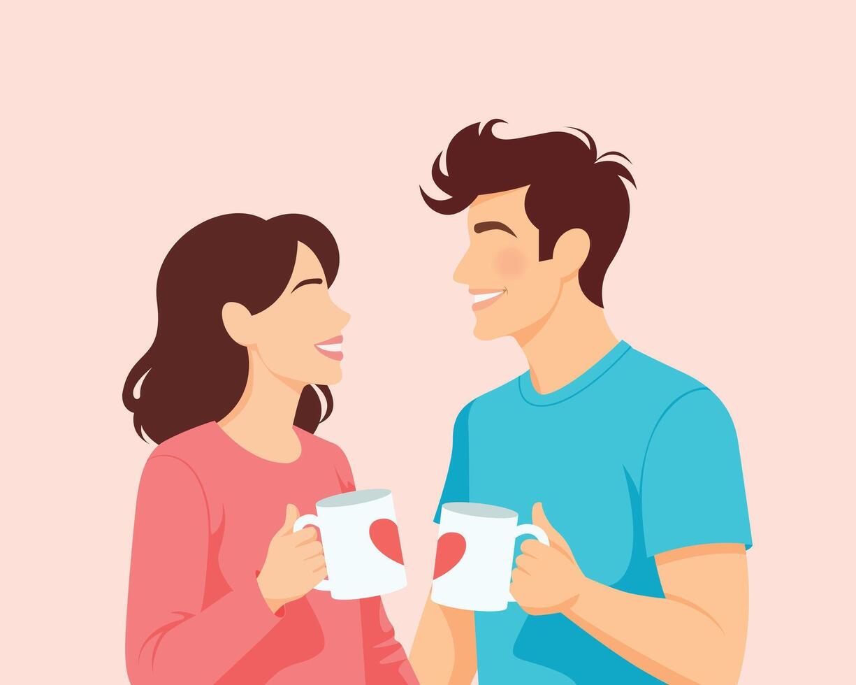 Happy couple drinking coffee from lovers mugs. Smiling man and woman embrace enjoy morning tea from cute cups. vector