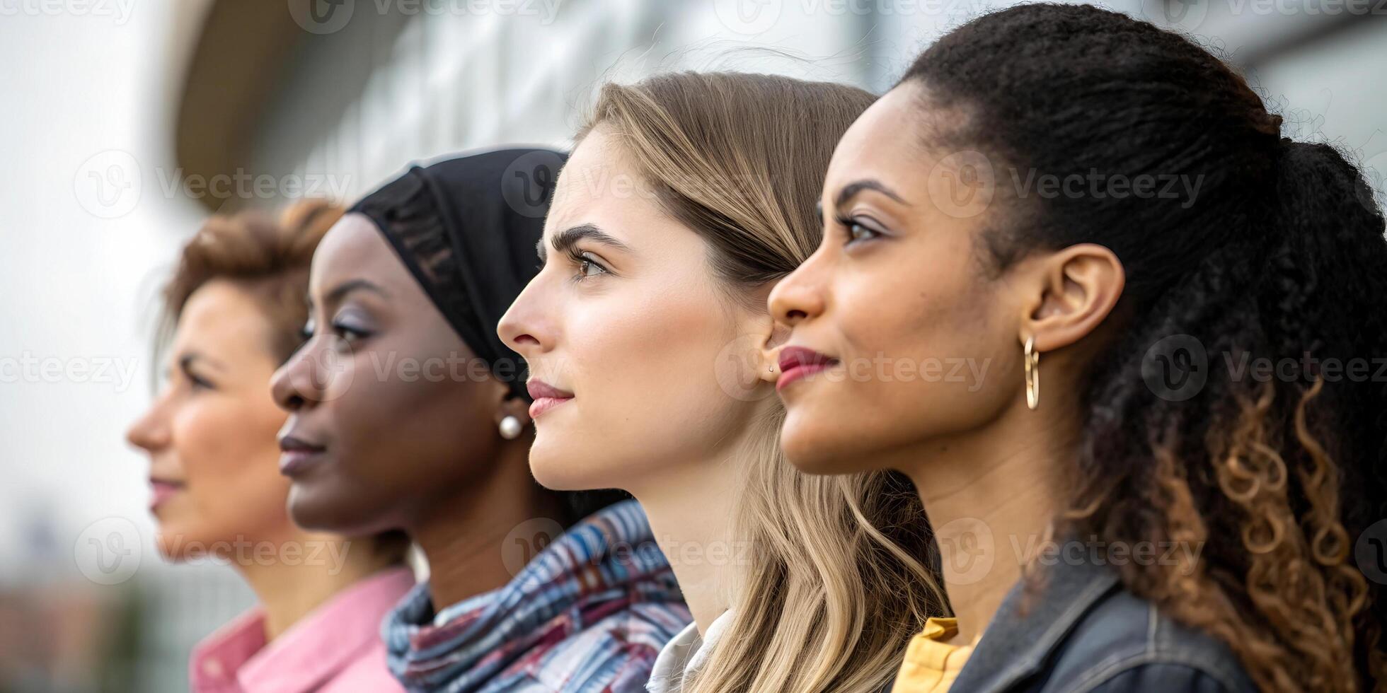 Four strong, diverse women standing side by side, looking forward with determination. Female empowerment and gender equality concept photo