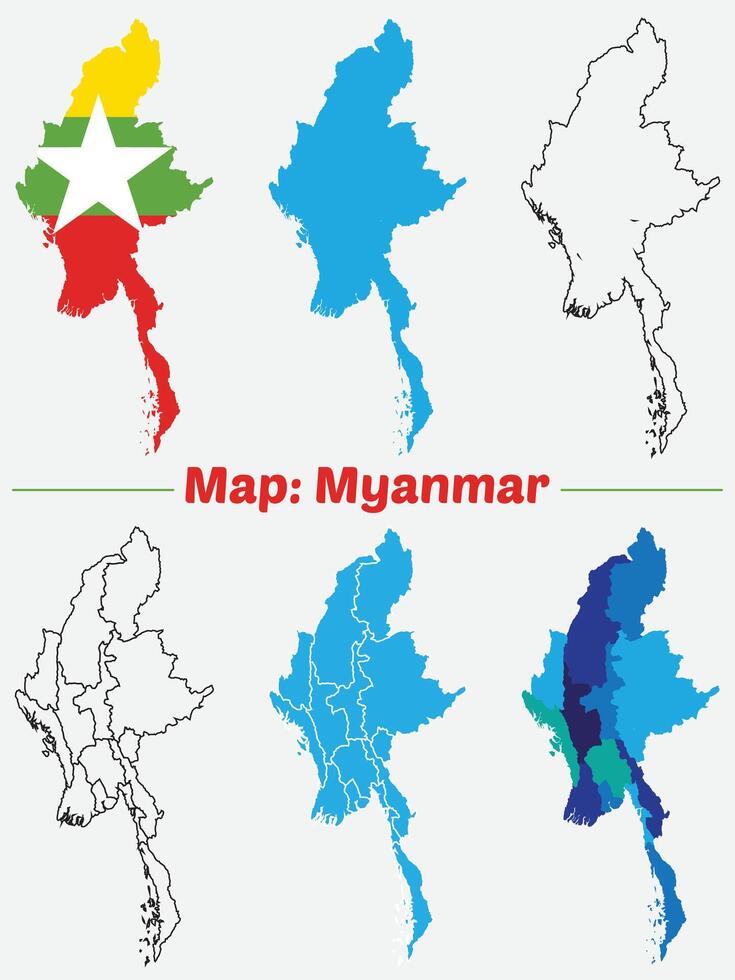 Myanmar country map. Burma country map. borders marked, Simple map of Myanmar, Filled and outline. vector