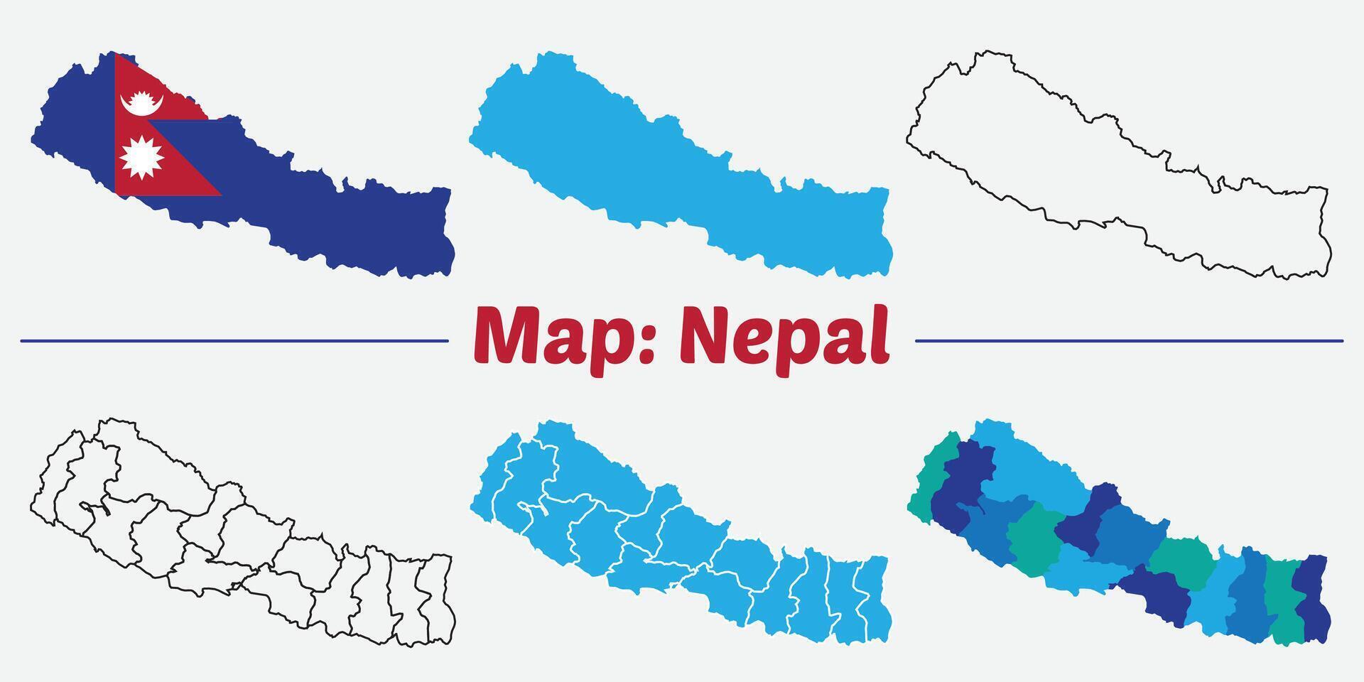 Nepal country map set. internal provinces borders marked, Simple map of Nepal drawing, Filled and outline. flag map. vector