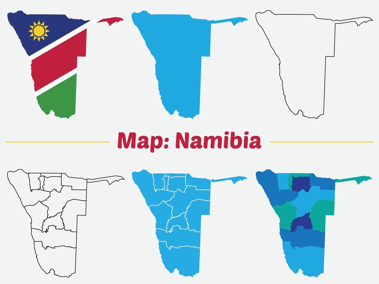 Namibia map set. internal borders marked, Simple map of Namibia drawing, Filled and outline. vector
