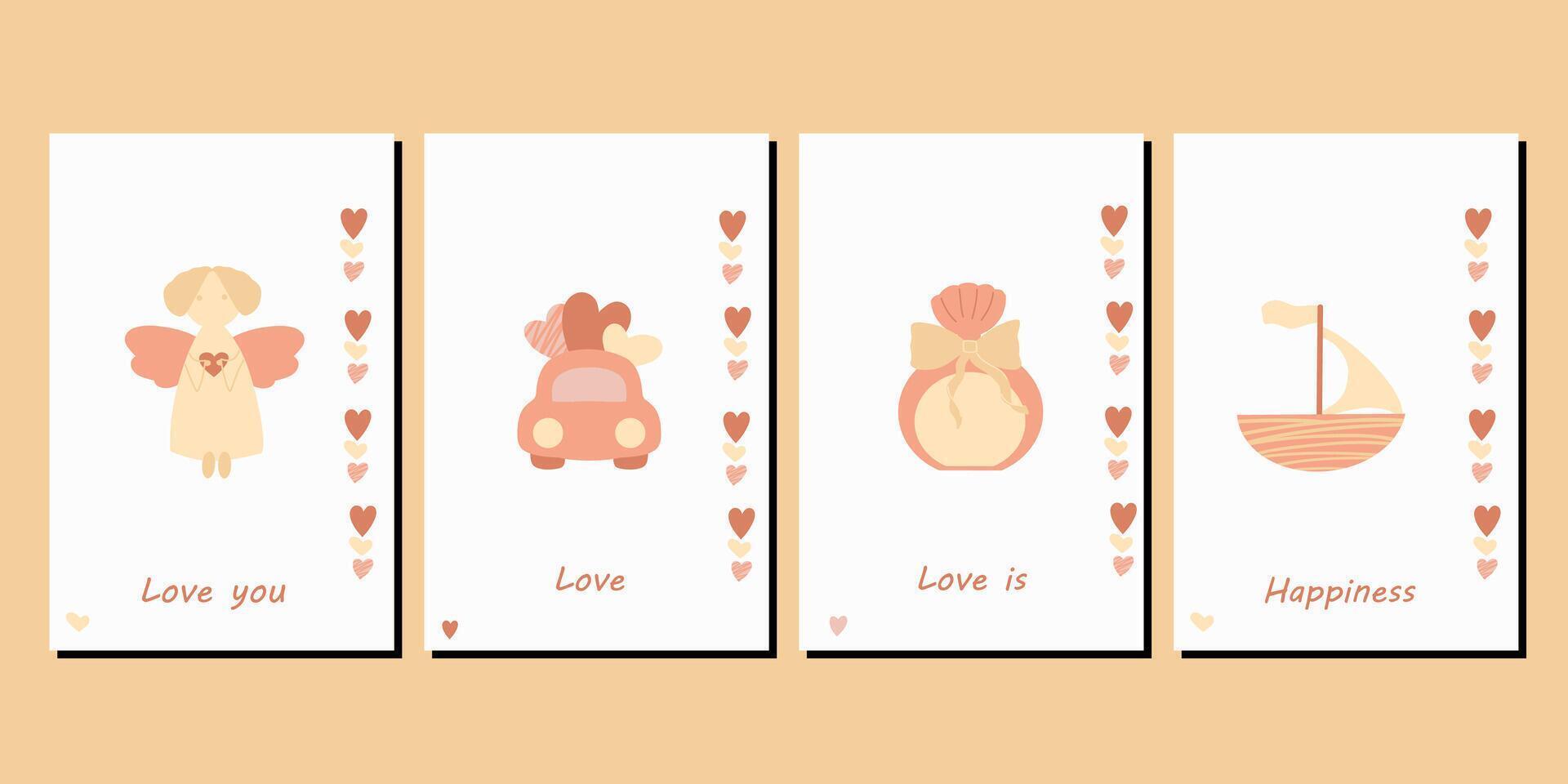 Love postcards set. Happy Valentines Day cards with angel, sailboat, car. Invitation designs in minimal modern style vector