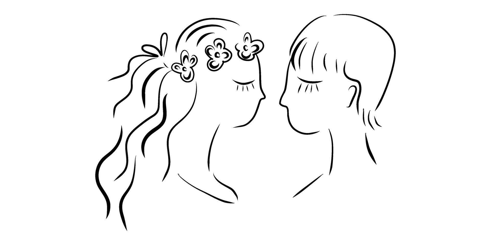 Hand drawn couple face to face with closed eyes, girl and boy looking at each other, love couple, romantic, faces vector