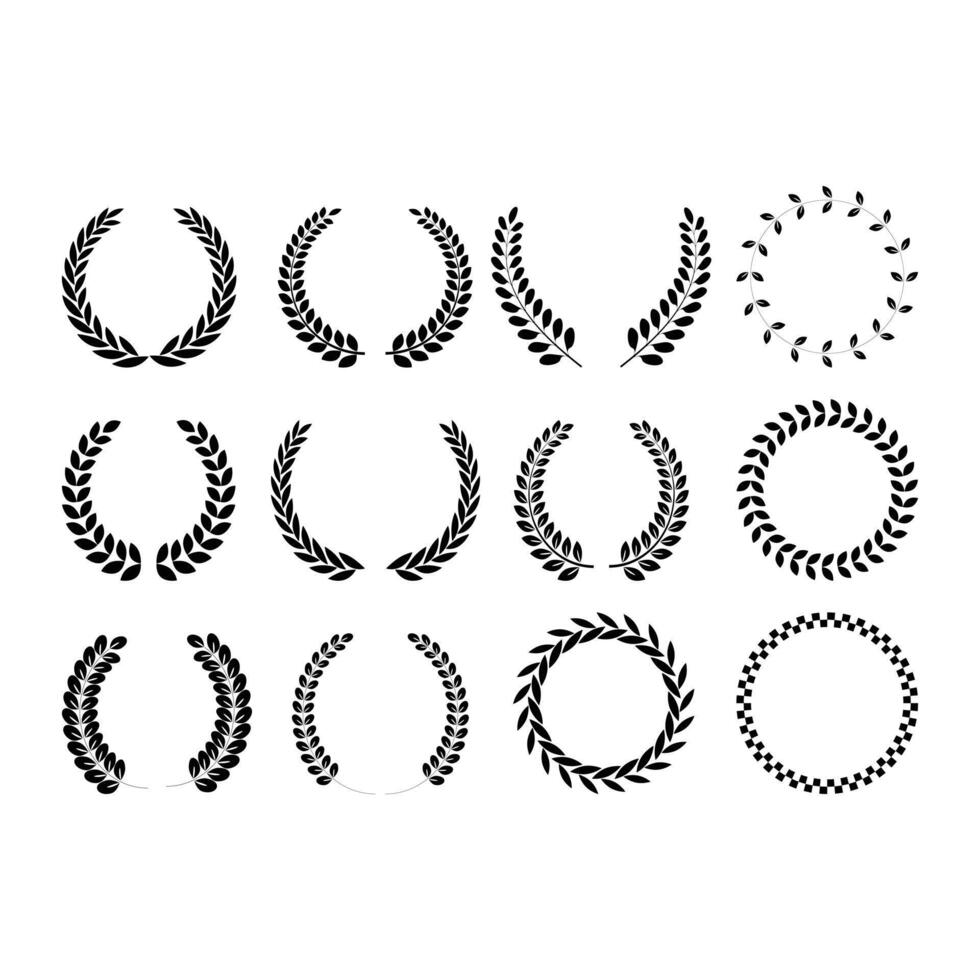 Laurel wreath black icon set. Set of wreaths and branches with leaves.Simple black laurel wreath icon set. vector