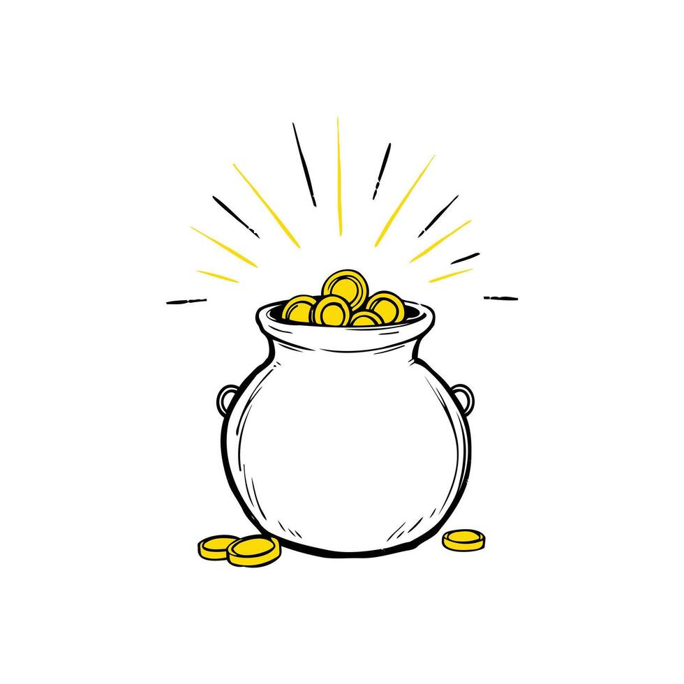 Hand-drawn Pot of Gold Coins with Magical Sparkles vector