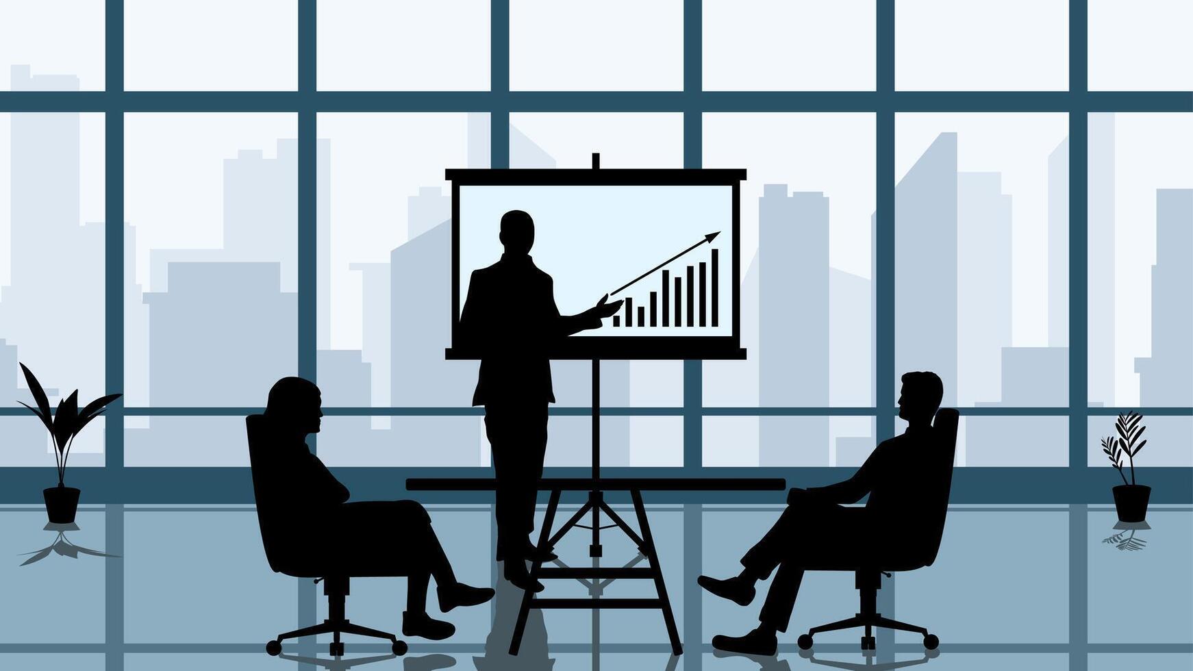 Illustration of business bar chart presentation in the office room. Illustration of office worker presentation. Meeting room with presentation report of businessman and finance conversation vector