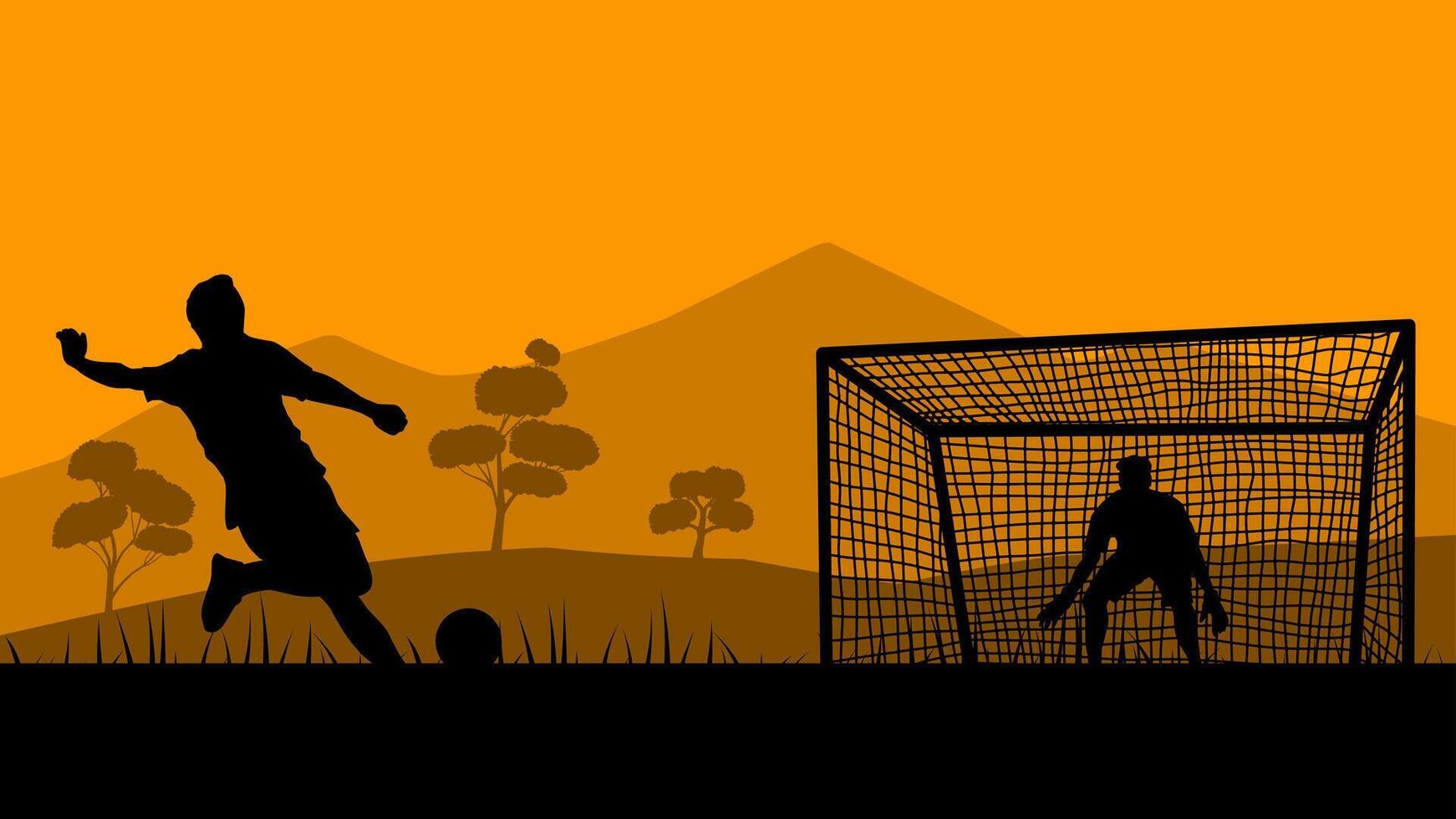 Illustration of playing soccer in the field. Illustration of two people playing football in the landscape mountain. Player kicking ball to a goalpost with goalkeeper in the soccer field vector