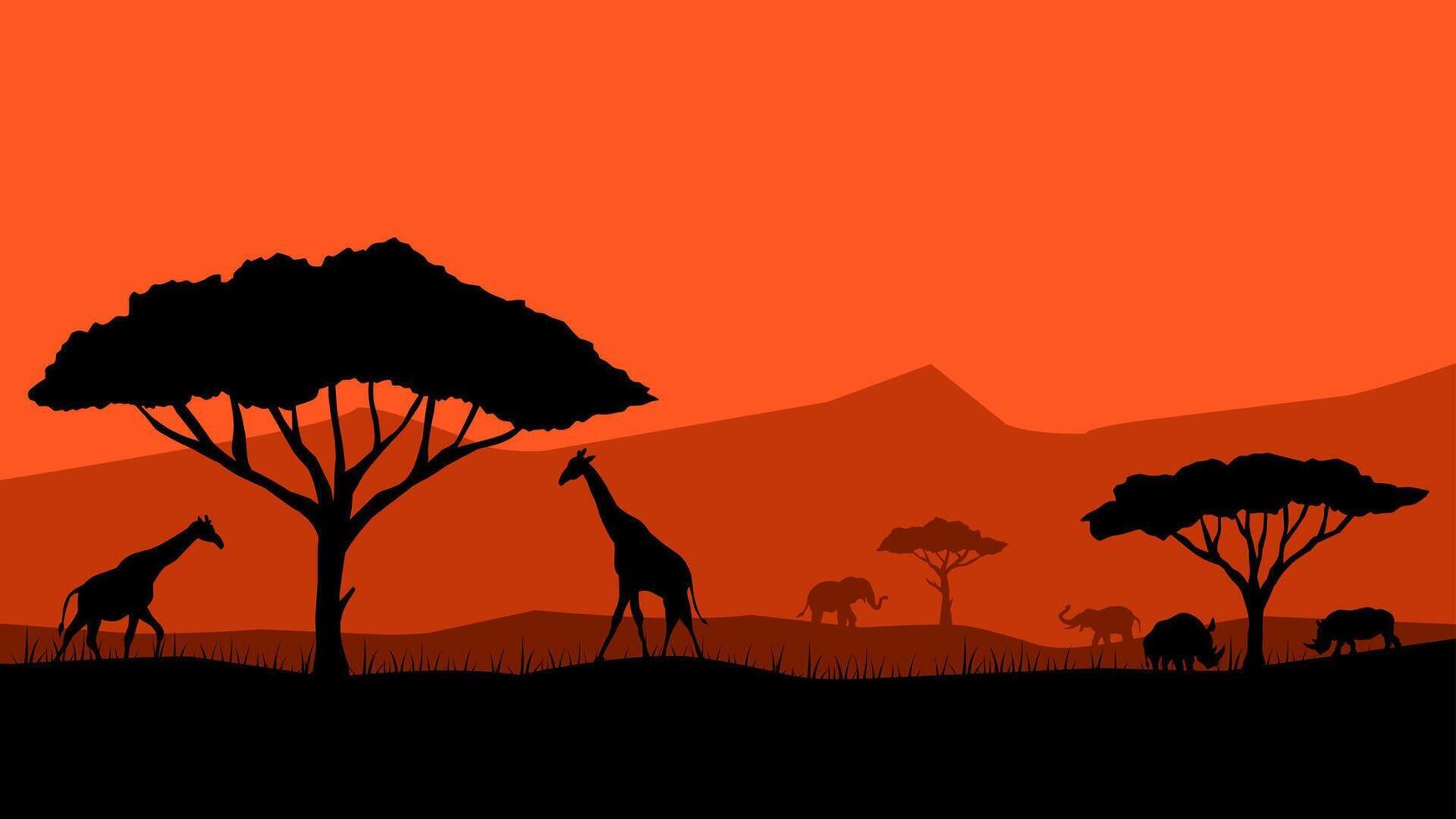 Illustration of wildlife in the african savanna landscape. Illustration of safari scenery in the savanna desert with animal. Landscape of savannah with giraffe, elephant, rhino and african tree vector