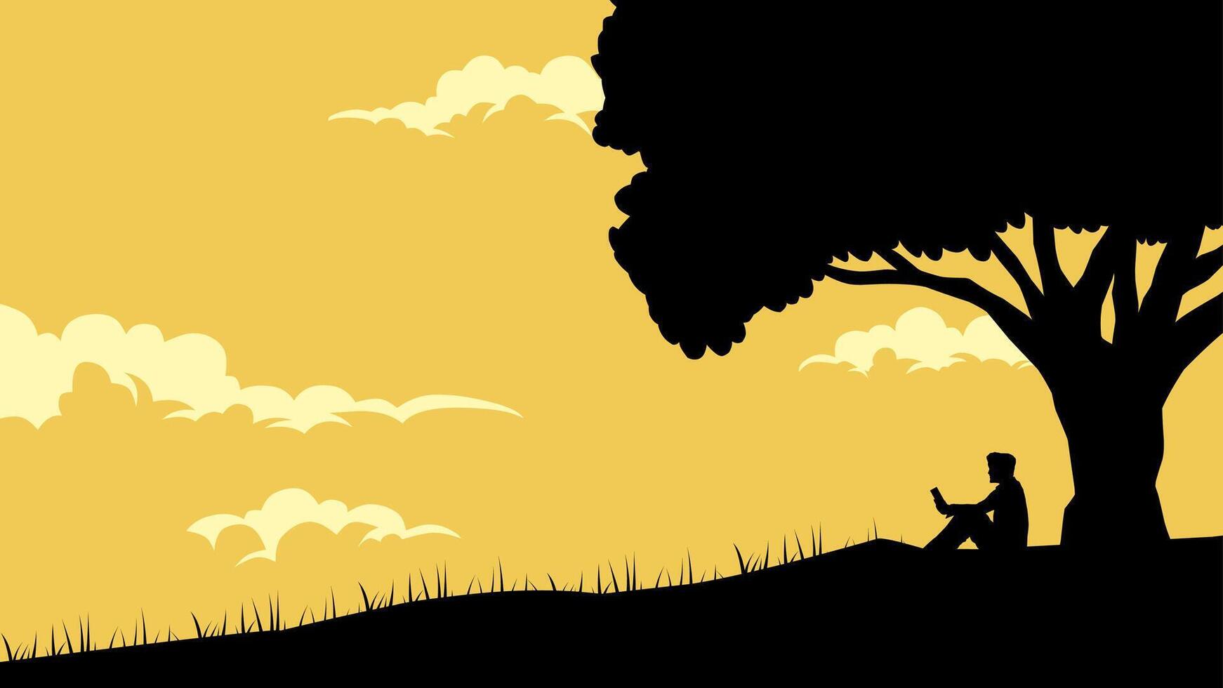Illustration of a person reading a book under the tree. Illustration of relaxing under shade tree while reading a book. Silhouette of someone enjoying hobby of reading under large tree vector