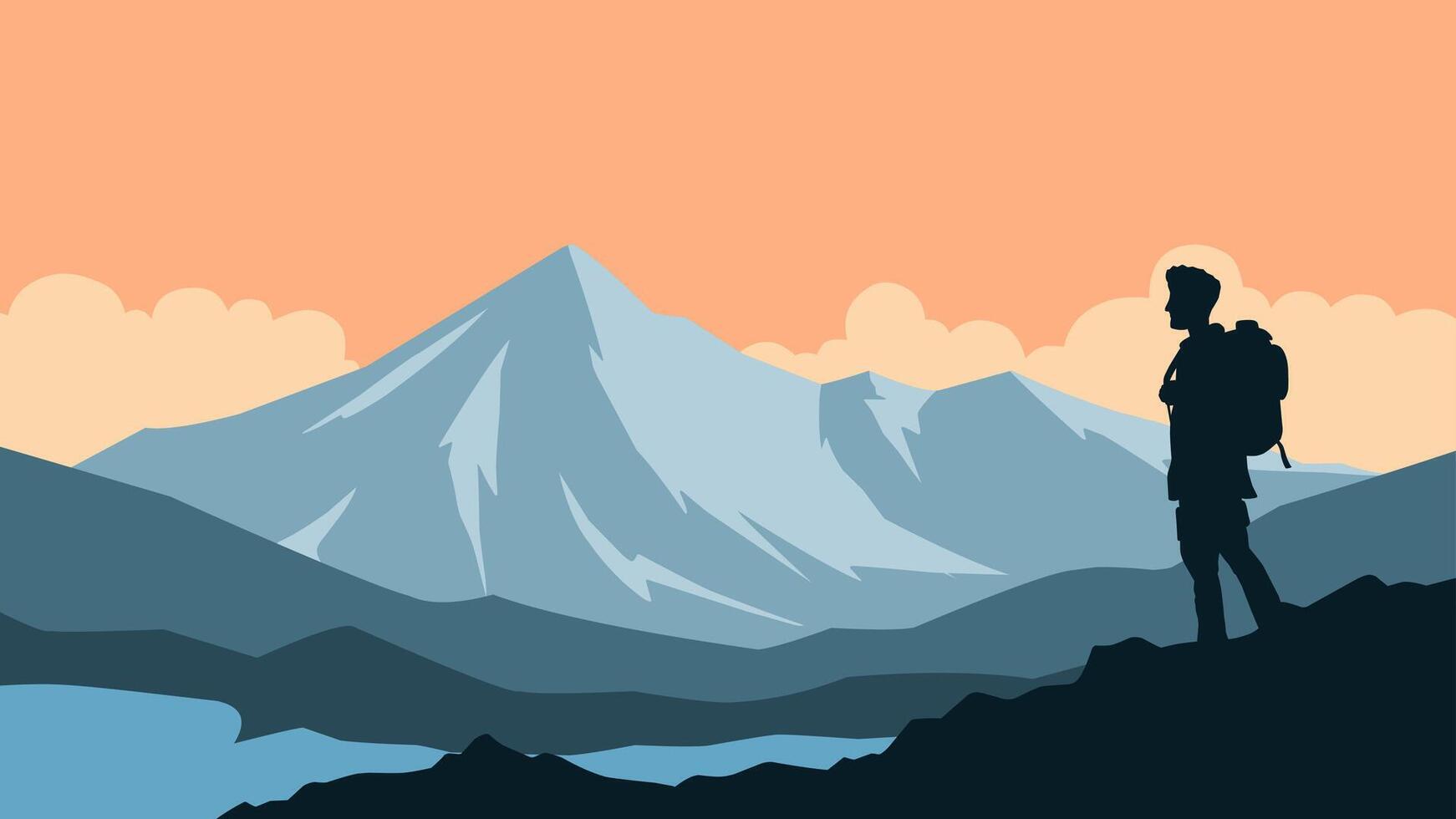 illustration of backpacker silhouette with mountain peak landscape. Illustration of adventurer trekking along the mountain ridge. Scenery of mountain alps with traveler hiking in the summit vector
