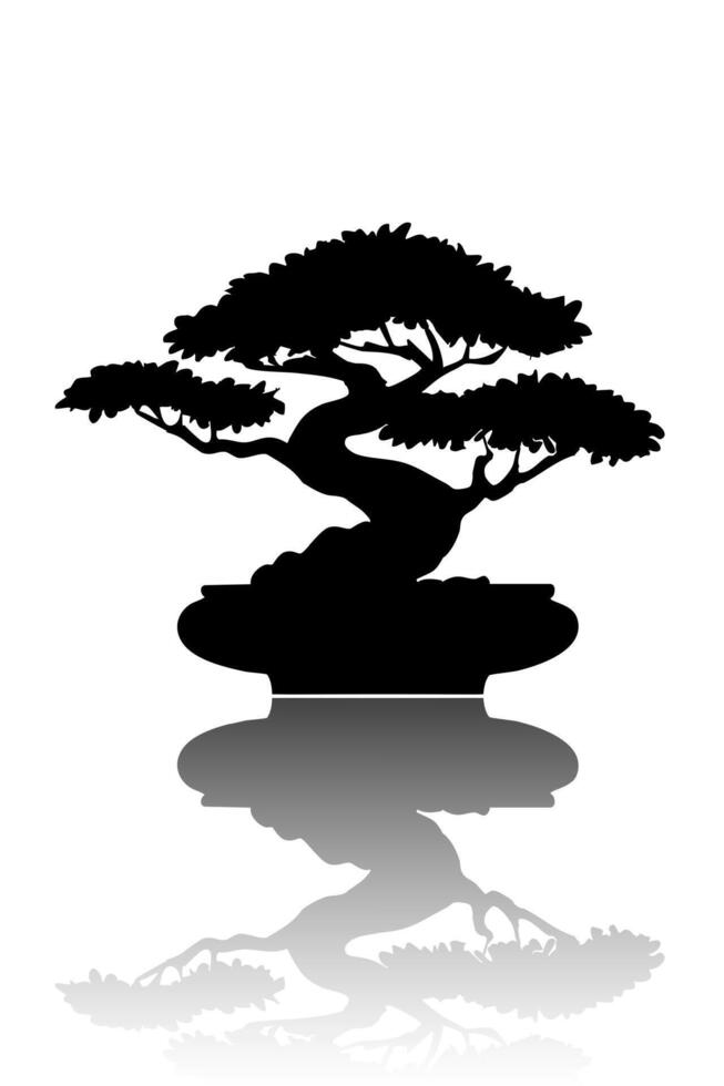 Japanese tree art bonsai in a ceramic bonsai pot. illustration Ancient Tree Silhouette, logo design isolated on white background vector