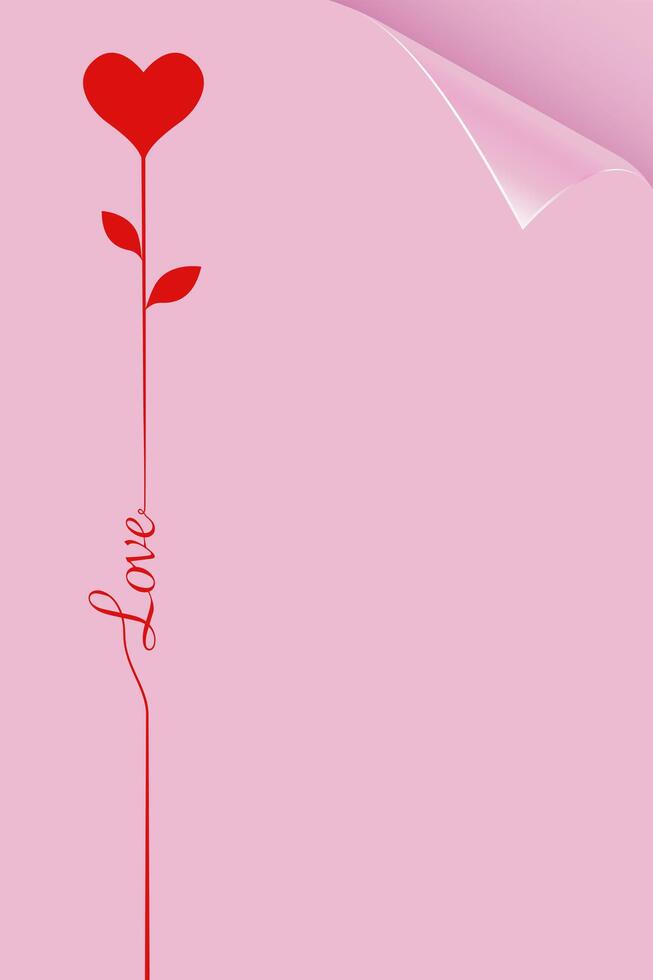 Love, heart symbol on pink curled page. Valentine's day or Mother's day frame border concept, minimalist paper card template, copy space, illustration vector