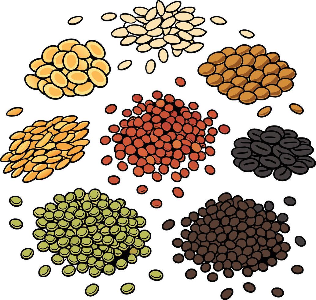 a collection of nine different types of lentils arranged in a circular pattern on a white background. vector