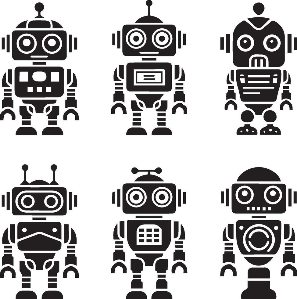 six stylized robots in a simple art, flat design vector