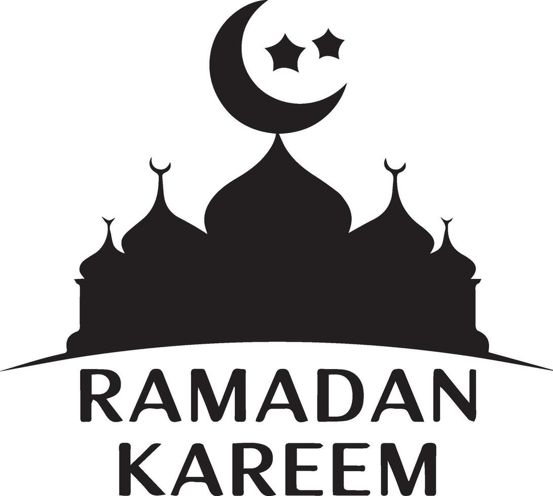 Black and white silhouette of a crescent moon and star above a stylized mosque vector
