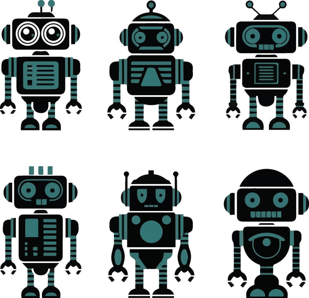 Collection of six stylized robots, vector
